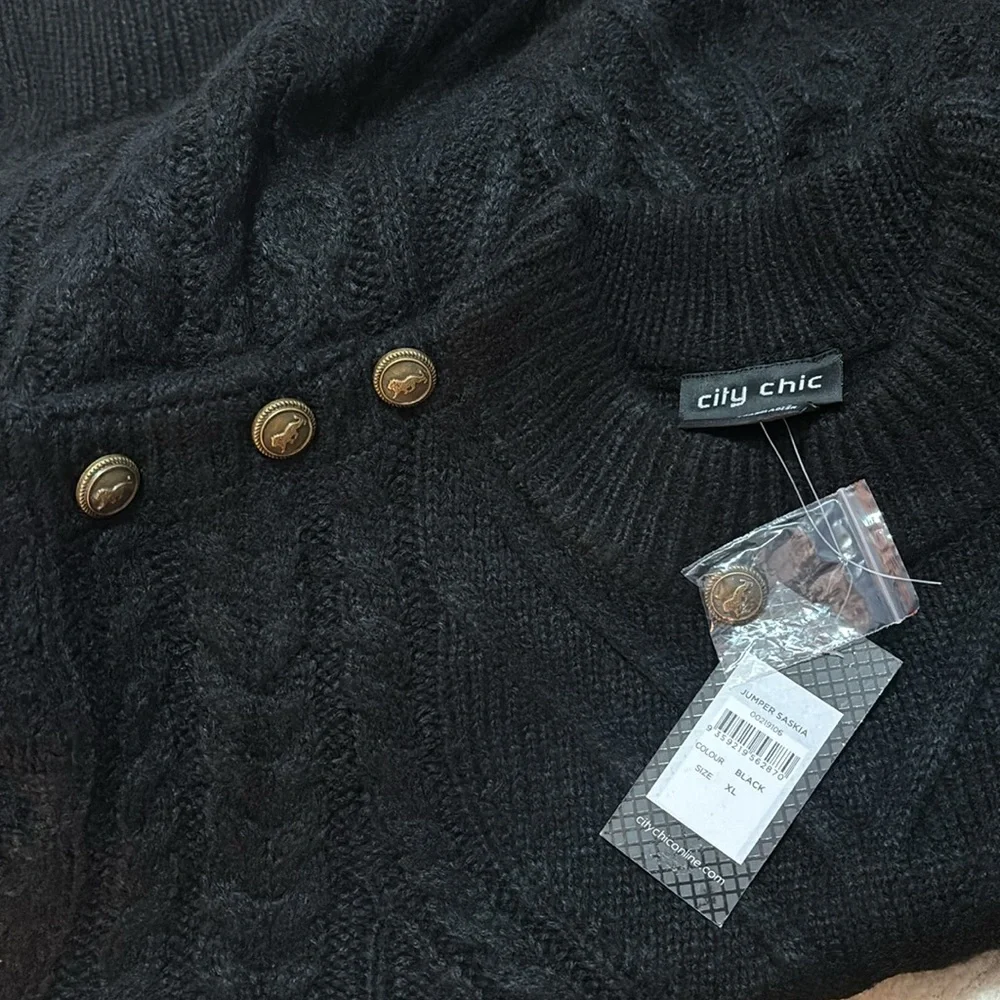 NEW| Women’s City Chic Saskia Soft Long Sleeve Cozy Sweater In Black - Picture 6 of 6